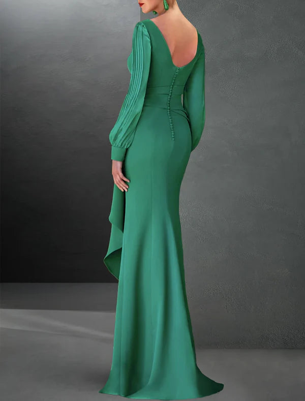 Luolandi A-Line Evening Gown Party Dress Sweep / Brush Train Long Sleeve Jewel Neck Chiffon with Ruffles Slit Solid Color